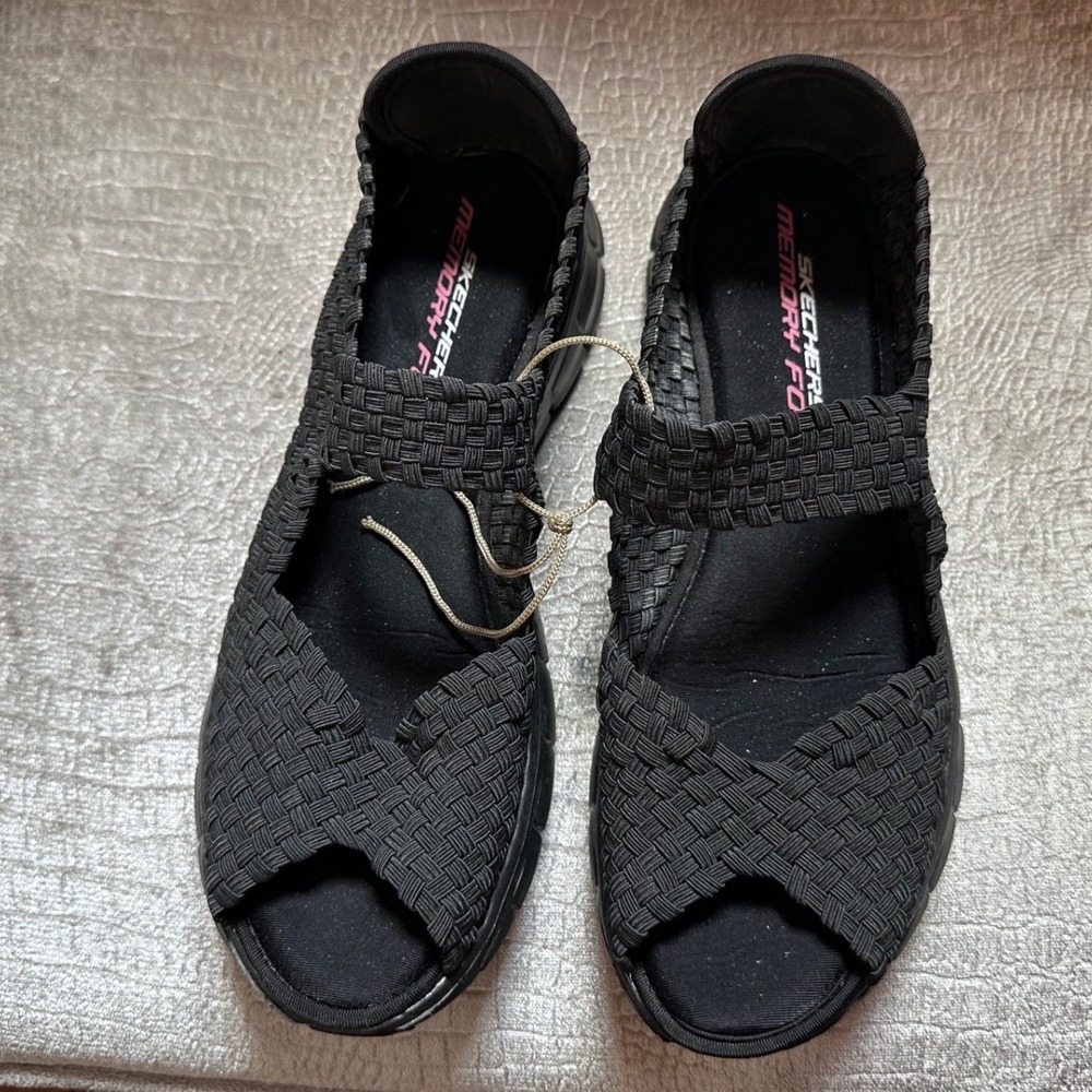 Skechers Womens Black Woven Memory Foam Lightweight‎ Mary Jane Sandals Open Toe